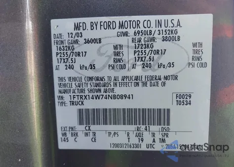 2004 Ford F-150 Stx/Xl/Xlt z USA, uszkodzony, nr VIN 1FTRX14W74NB08941